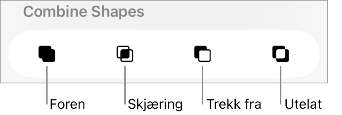Foren-, Snitt-, Trekk fra- og Utelat-knappene under Kombiner figurer.