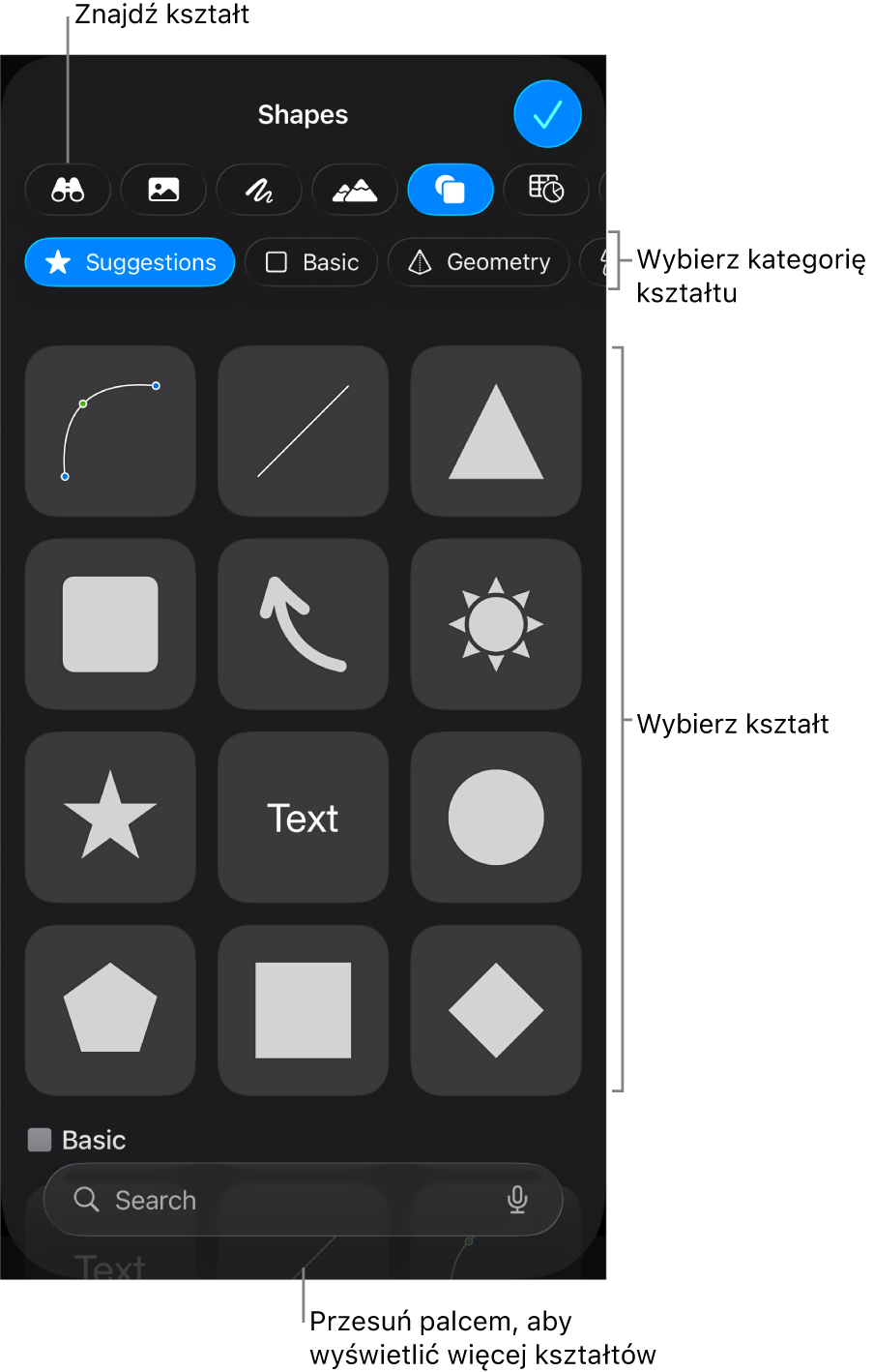 Biblioteka kształtów, na górze widoczne są kategorie, a na dole kształty. Możesz użyć znajdującego się na górze pola wyszukiwania, aby wyszukiwać kształty. Przesuń palcem, aby zobaczyć ich więcej.