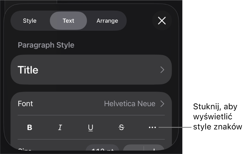 Narzędzia formatowania. Na samej górze widoczne są style akapitu, a poniżej znajdują się narzędzia czcionki. Pod narzędziami czcionki widoczne są przyciski Pogrubienie, Kursywa, Podkreślenie, Przekreślenie oraz Więcej opcji tekstu.