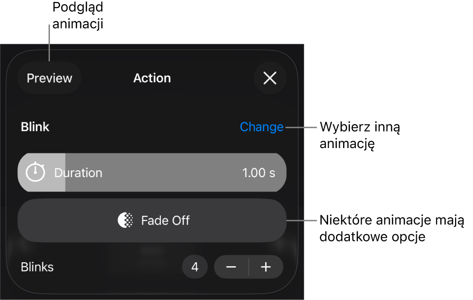 Widoczne są opcje animacji: Czas trwania oraz Rozpoczęcie. Stuknij w Zmień, aby wybrać inną animację. Stuknij w Podgląd, aby zobaczyć podgląd animacji.