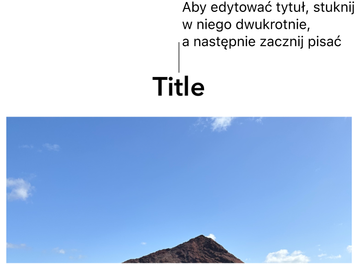 Tytuł zastępczy o treści „Tytuł” widoczny powyżej zdjęcia. Niebieska ramka wokół pola tytułu wskazuje, że jest on zaznaczony.
