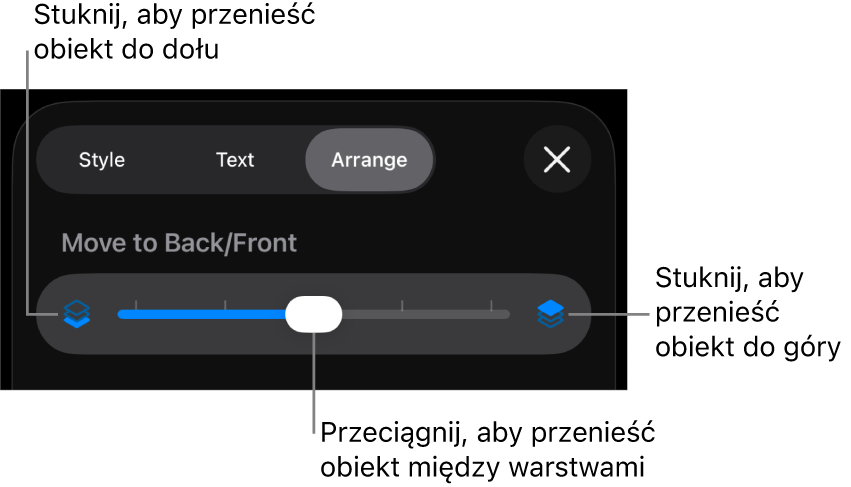 Przycisk przenoszenia niżej, przycisk przenoszenia wyżej i suwak warstw.