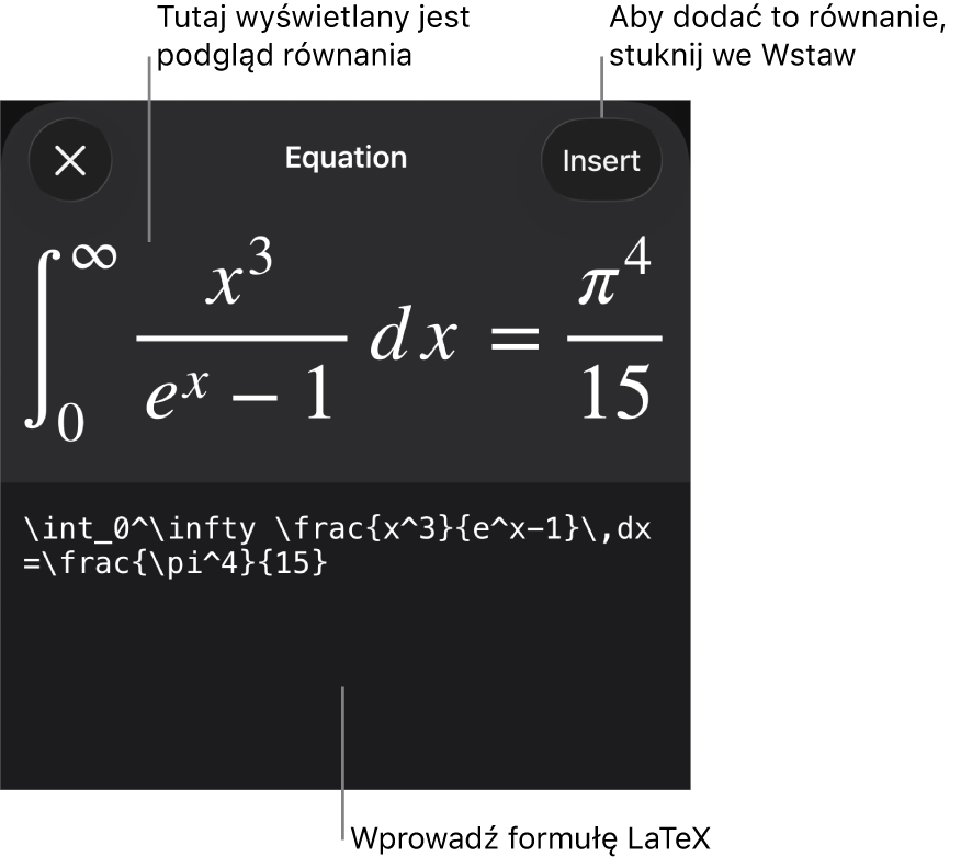 Pole dialogowe Równanie, zawierające równanie zapisane przy użyciu języka LaTeX. Powyżej widoczny jest podgląd tego równania.