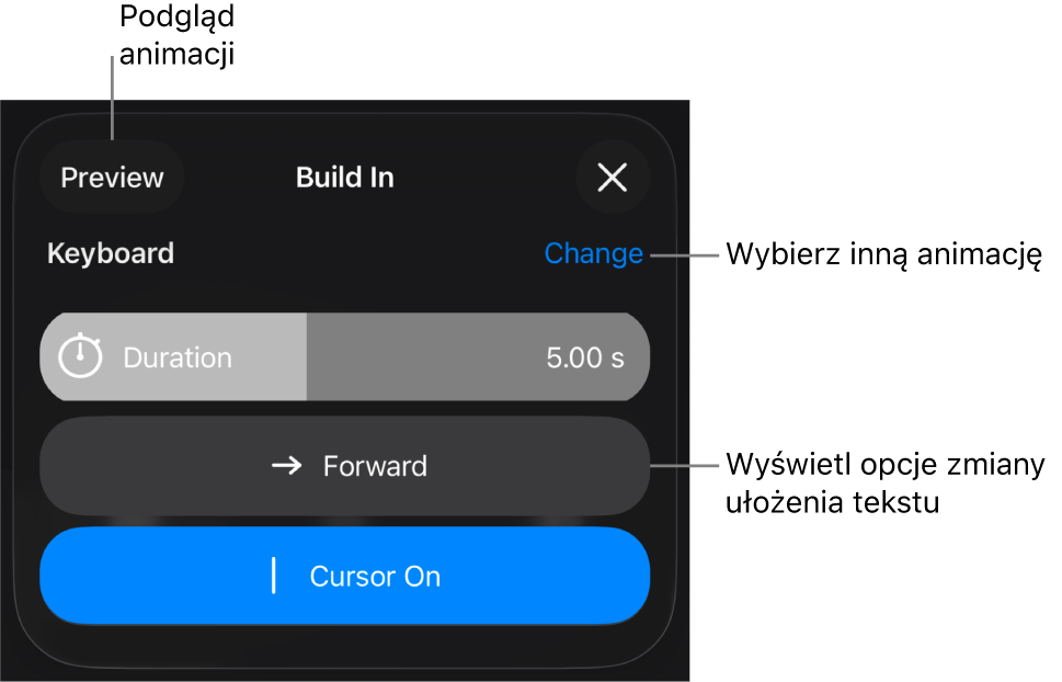 Widoczne są opcje animacji: Czas trwania, Animacja tekstu oraz Wykonanie. Stuknij w Zmień, aby wybrać inną animację. Stuknij w Podgląd, aby zobaczyć podgląd animacji.