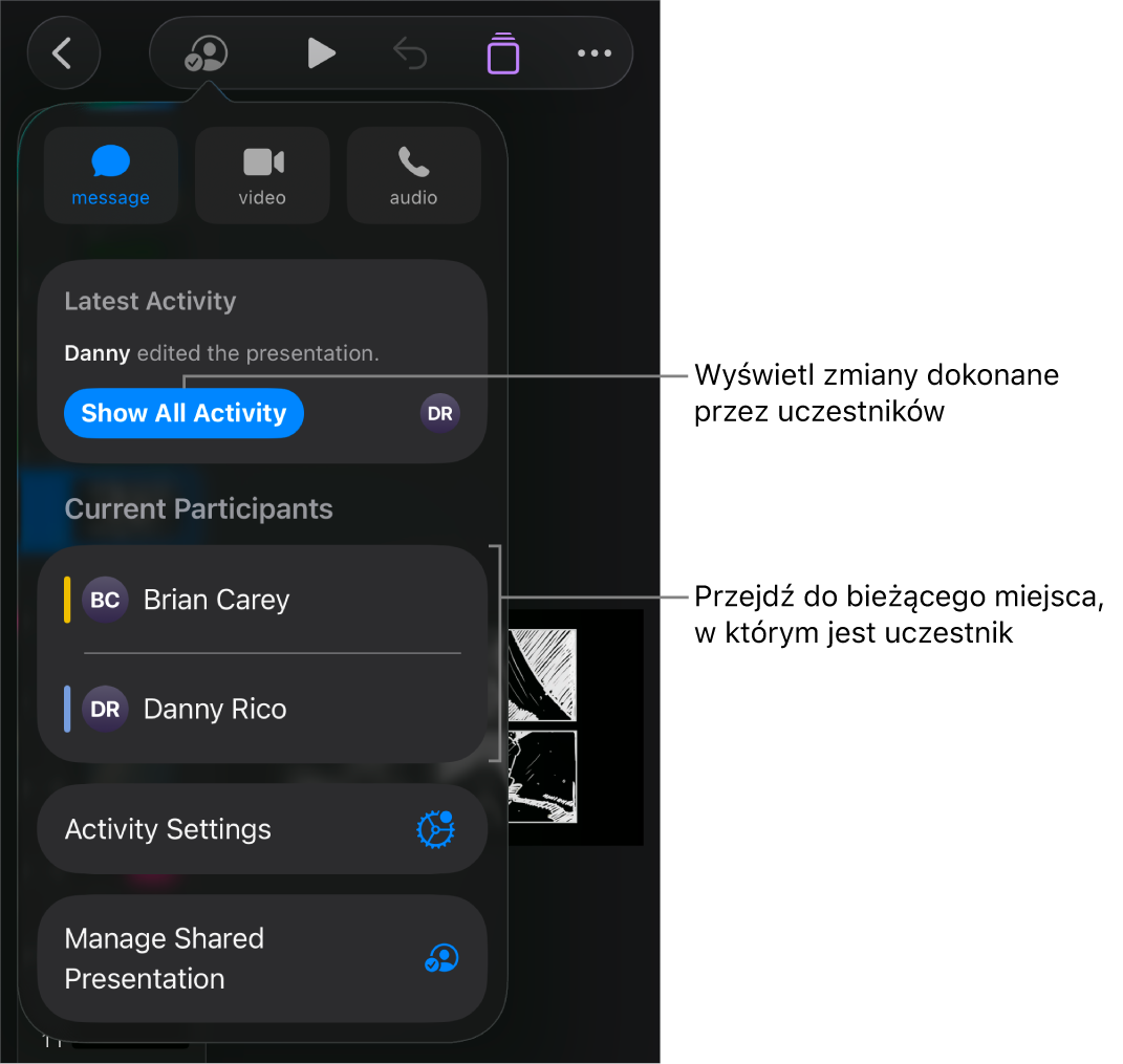 Menu współpracy z wymienionymi aktualnymi uczestnikami.
