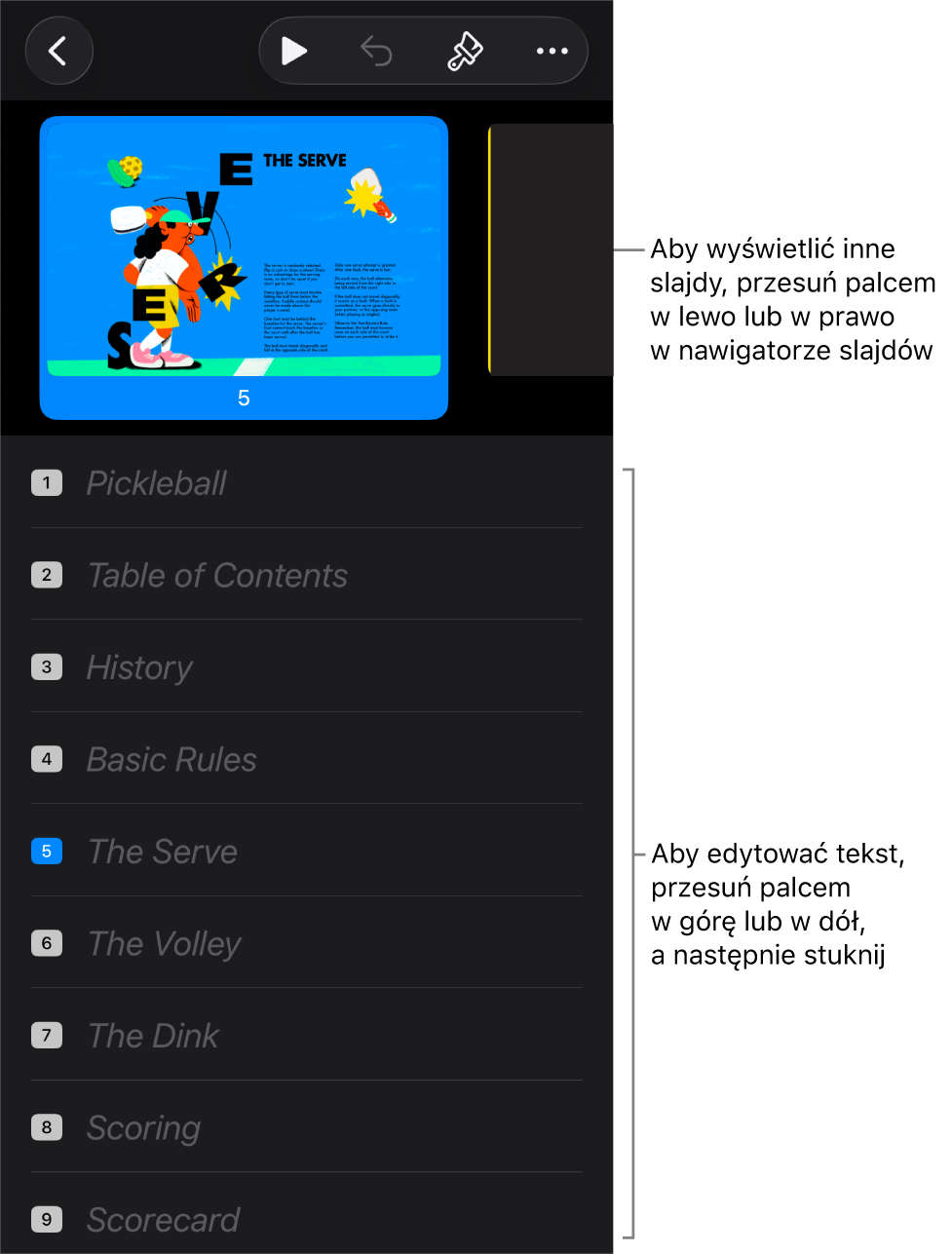 Widok konspektu z poziomym nawigatorem slajdów na górze ekranu, oraz konspekt tekstowy na dole.