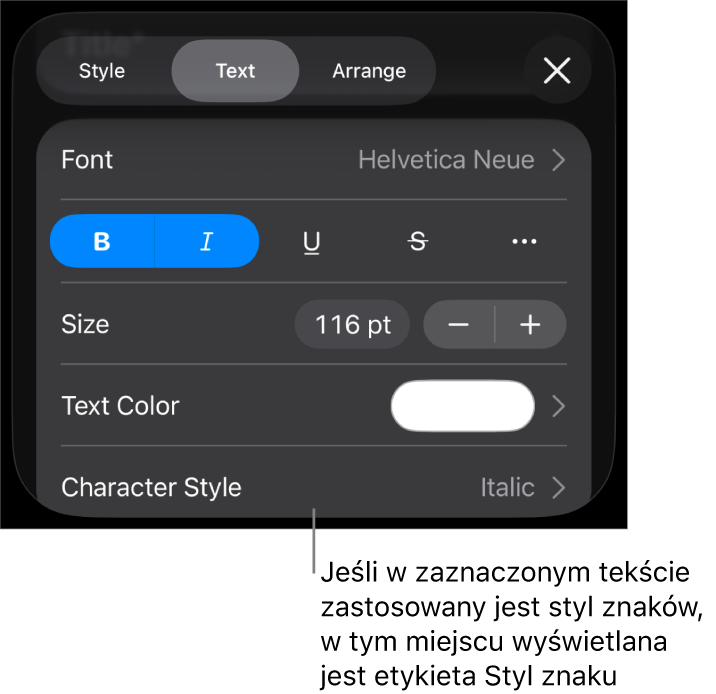 Narzędzia formatowania tekstu oraz menu stylów znaków widoczne poniżej narzędzi koloru. Styl znaków Brak wyświetlany jest z gwiazdką.