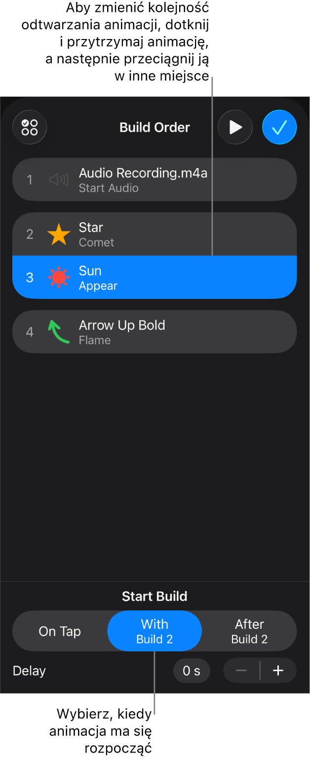 Lista kolejności animacji, zawierająca efekty wejścia oznaczone żółtymi etykietami oraz efekty wyjścia oznaczone szarymi etykietami.