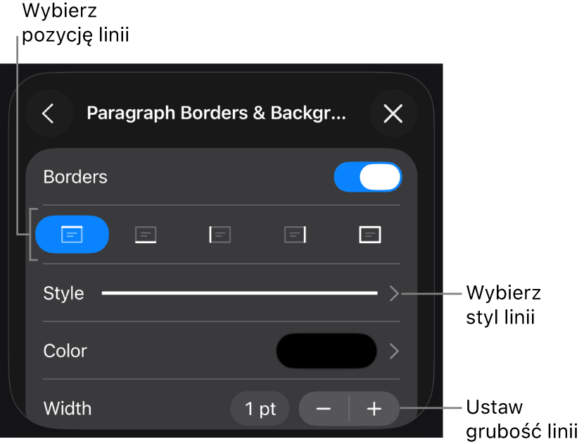 Narzędzia zmieniania stylu, grubości, pozycji i koloru linii.