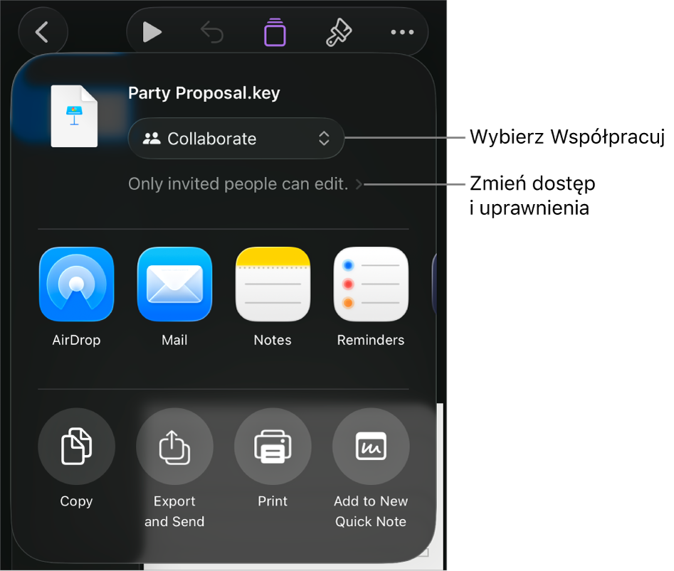 Menu udostępniania z opcją Współpracuj wybraną u góry oraz ustawieniami dostępu i uprawnień poniżej.