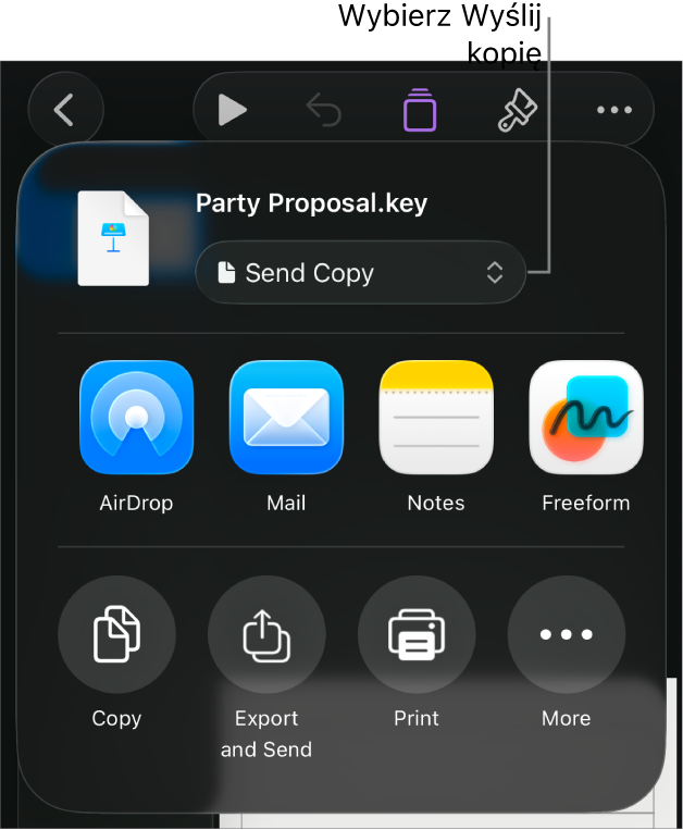 Menu udostępniania z wybraną opcją Wyślij kopię (na górze).