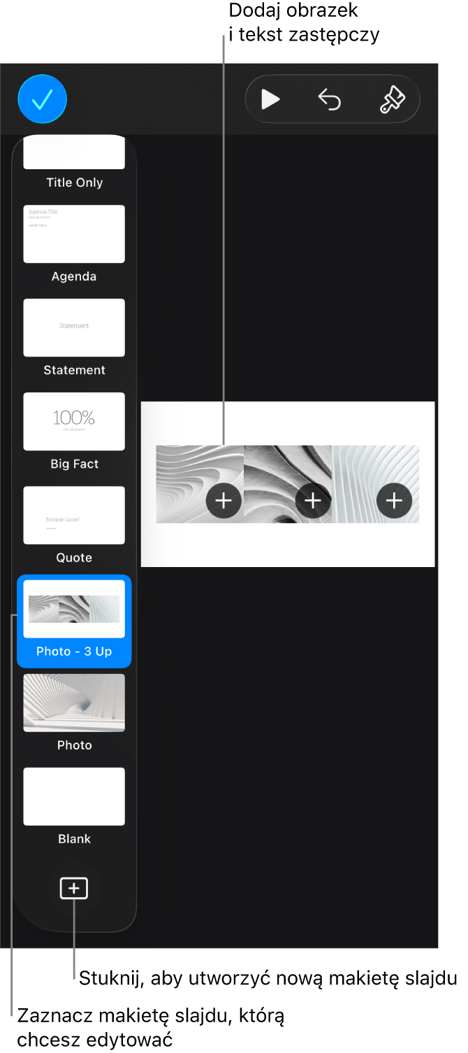 Makieta slajdu wyświetlana na obszarze roboczym. Na dole nawigatora slajdów widoczny jest przycisk Dodaj makietę slajdu
