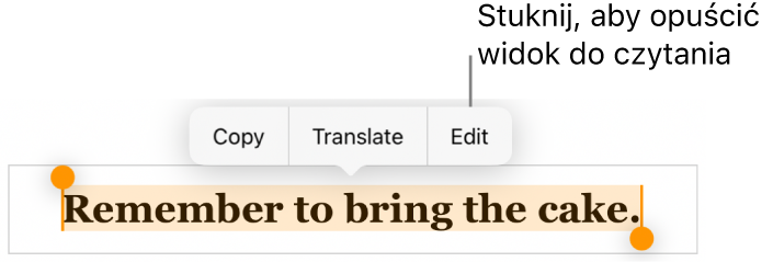 Zaznaczone zdanie z widocznym powyżej niego menu kontekstowym zawierającym przyciski Kopiuj oraz Edycja.