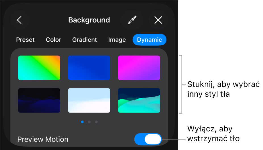 Narzędzia tła dynamicznego. Widoczne są miniaturki stylu tła i przycisk Podgląd ruchu.