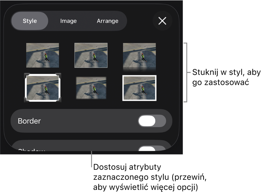 Karta Styl w menu Format, zawierająca na górze style obiektu, a poniżej narzędzie do zmiany obrysu.
