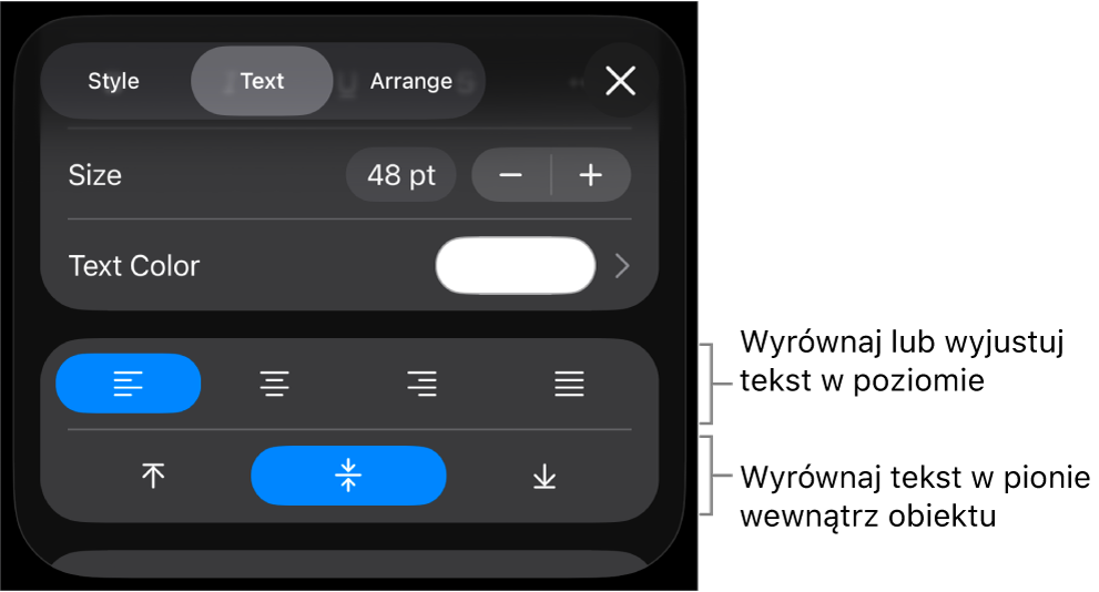 Sekcja Wyrównanie na pasku bocznym Format z opisami wskazującymi przyciski wyrównywania tekstu.
