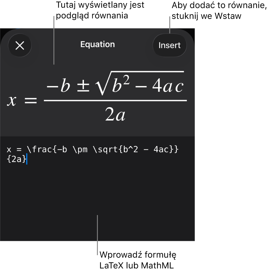 Pole dialogowe Równanie, zawierające równanie zapisane przy użyciu języka MathML. Powyżej widoczny jest podgląd tego równania.