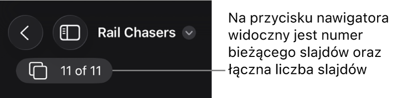Przycisk nawigatora slajdów z wyświetlonym numerem slajdu oraz łączną liczbą slajdów w prezentacji.