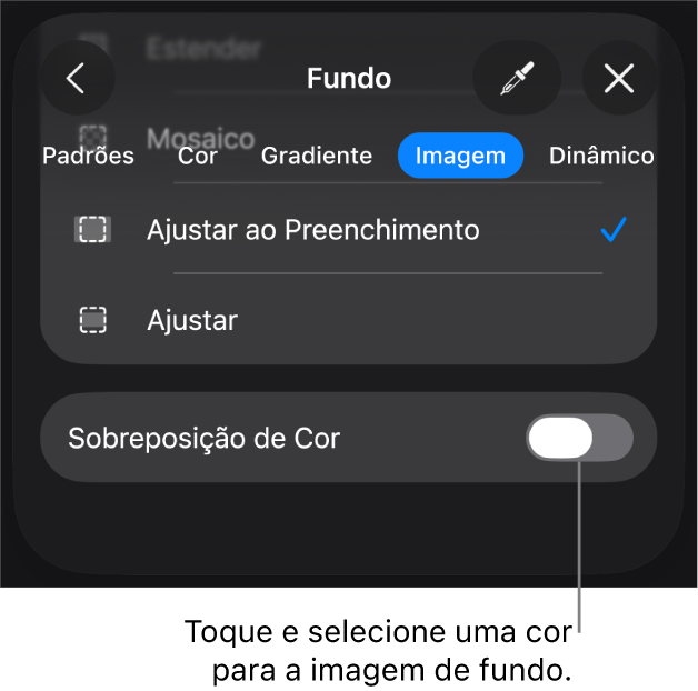 Controles de Fundo com uma imagem definida como fundo do slide e o controle “Sobreposição de Cor” na parte inferior.