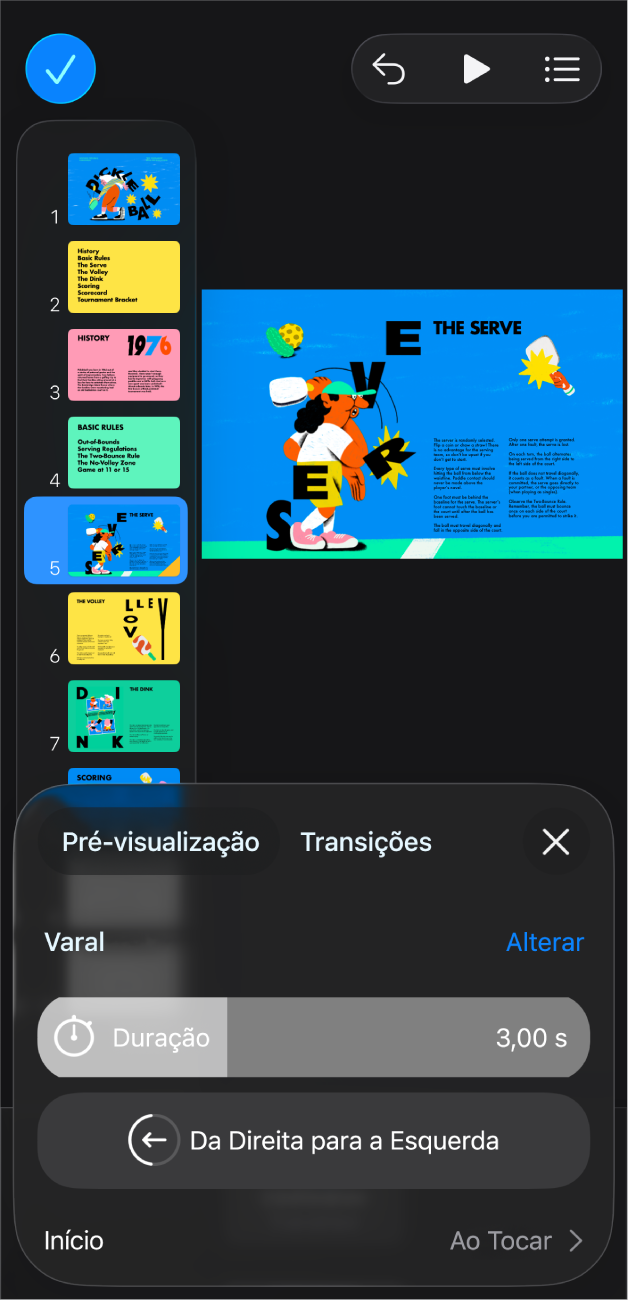 O app Keynote com um slide selecionado no navegador de slides no lado esquerdo da tela. O botão Transição aparece no menu à direita do slide selecionado.