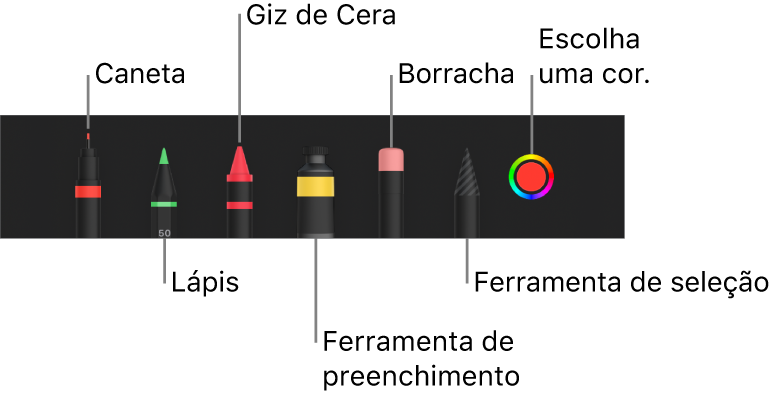 Barra de ferramentas de desenho com caneta, lápis, giz de cera, ferramenta de preenchimento, borracha, ferramenta de seleção e disco de cores mostrando a cor atual.
