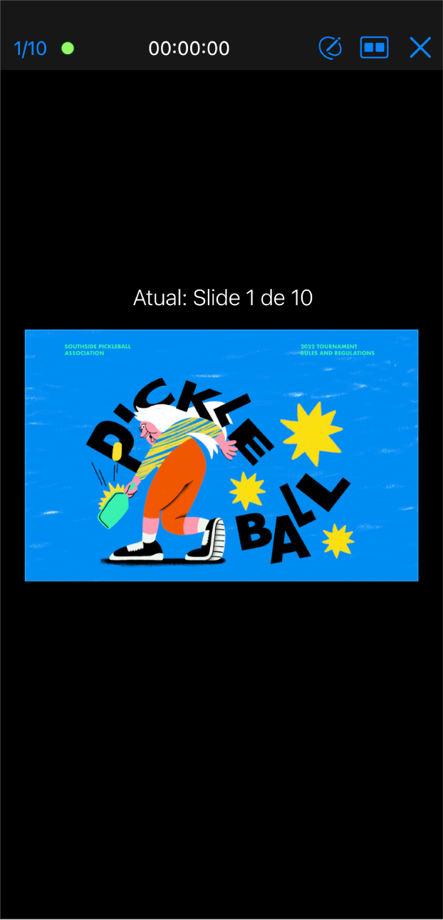 O app Keynote com a visualização de apresentação exibida. O slide atual aparece no centro da tela. Uma barra de ferramentas aparece na parte superior da tela com o contador de slides à esquerda, o tempo no meio e os botões Desenhar, Layout e Sair à direita.