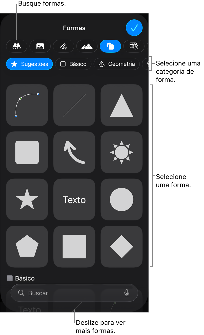 A biblioteca de formas, com categorias na parte superior e formas exibidas abaixo. Você pode utilizar o campo de pesquisa na parte superior e deslizar para ver mais.