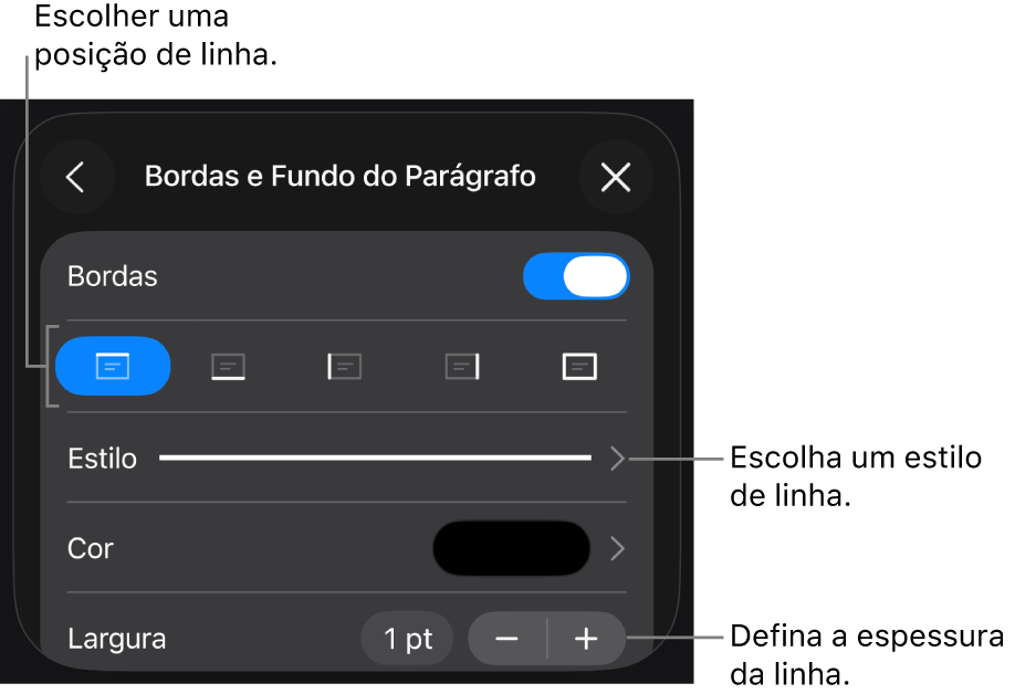 Controles para alterar o estilo, a espessura, a posição e a cor da linha.
