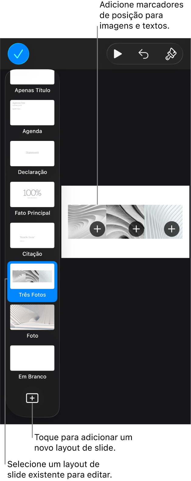 Um layout de slide exibido na tela de slides, com o botão “Adicionar um Layout de Slide” na parte inferior do navegador de slides.
