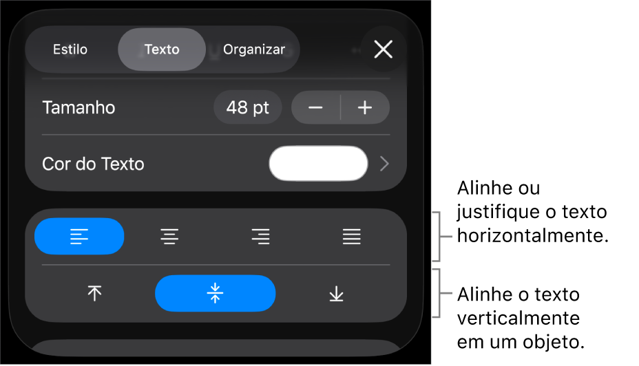Seção Alinhamento do botão Formatar com balões explicativos para os botões de alinhamento de texto.