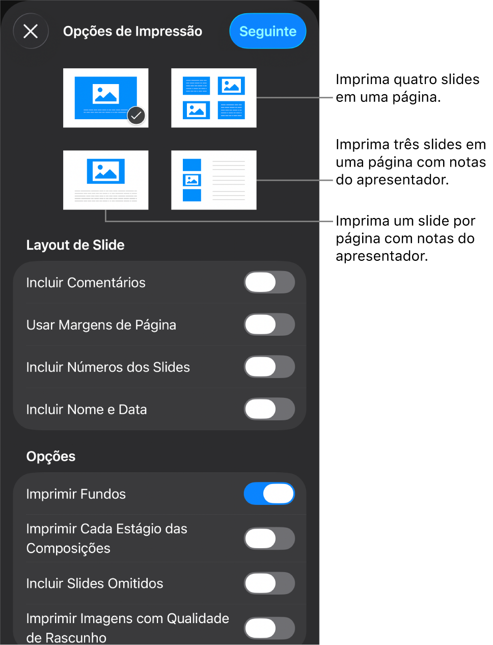 Opções de layout de impressão.