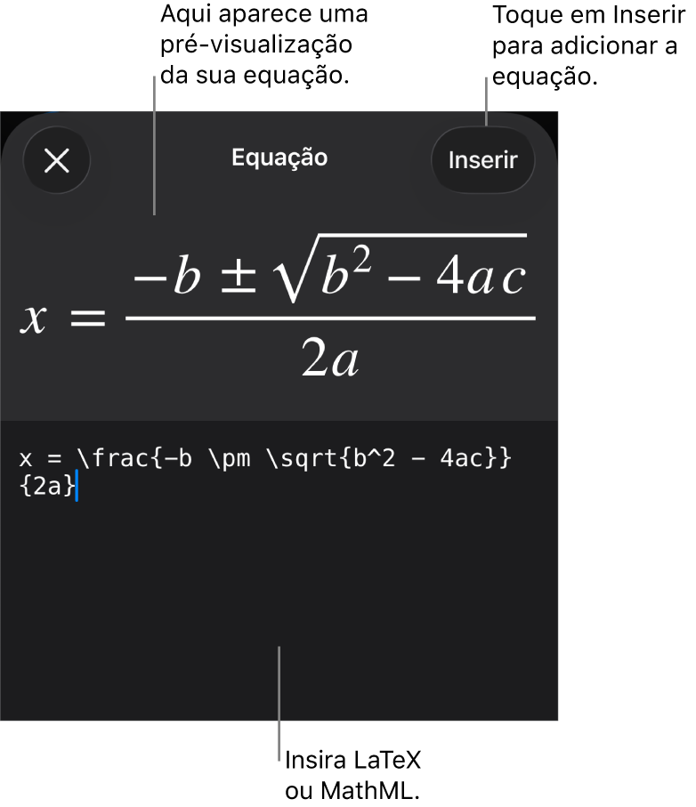 O diálogo de Equação, mostrando uma equação escrita com comandos MathML e uma pré-visualização da fórmula acima.