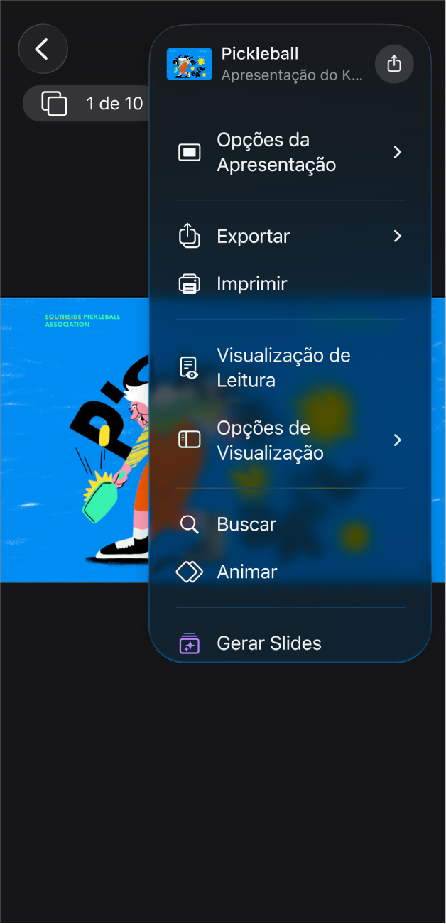 O app Keynote com as opções de Exportar abertas no menu Mais na barra de ferramentas.