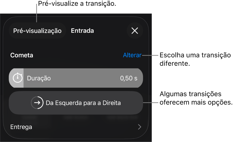 Controles no painel Opções para modificar uma transição.