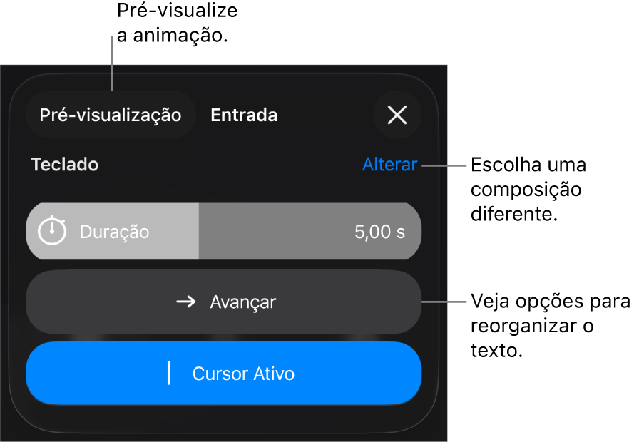 Entre as opções de composição estão Duração, Animação do Texto e Distribuição. Toque em Alteração para escolher uma composição diferente ou toque em Pré-visualizar para pré-visualizá-la.