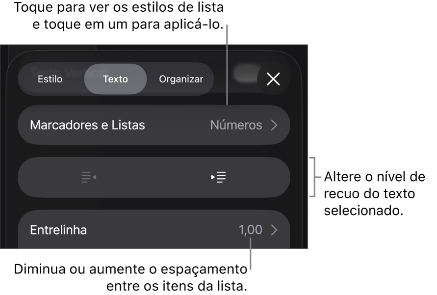 Seção “Marcadores e Listas” dos controles de Formatação, com chamadas para “Marcadores e Listas”, botões para aumentar ou diminuir o recuo e controles de entrelinha.