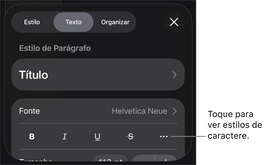 Controles Formatar com estilos de parágrafo na parte superior, seguidos dos controles de Fonte. Abaixo de Fonte estão os botões Negrito, Itálico, Sublinhado, Tachado e “Mais opções de texto”.
