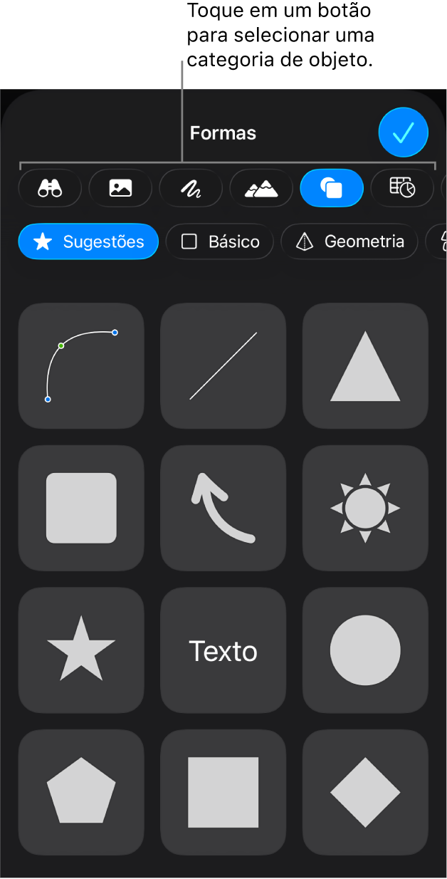 Os controles para adicionar um objeto, com botões na parte superior para selecionar tabelas, gráficos, formas (incluindo linhas e caixas de texto) e mídia.