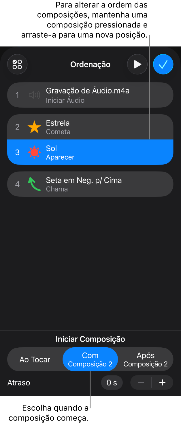 A Lista de Ordem de Composição exibindo efeitos de entrada com avisos amarelos e efeitos de saída com avisos cinza.