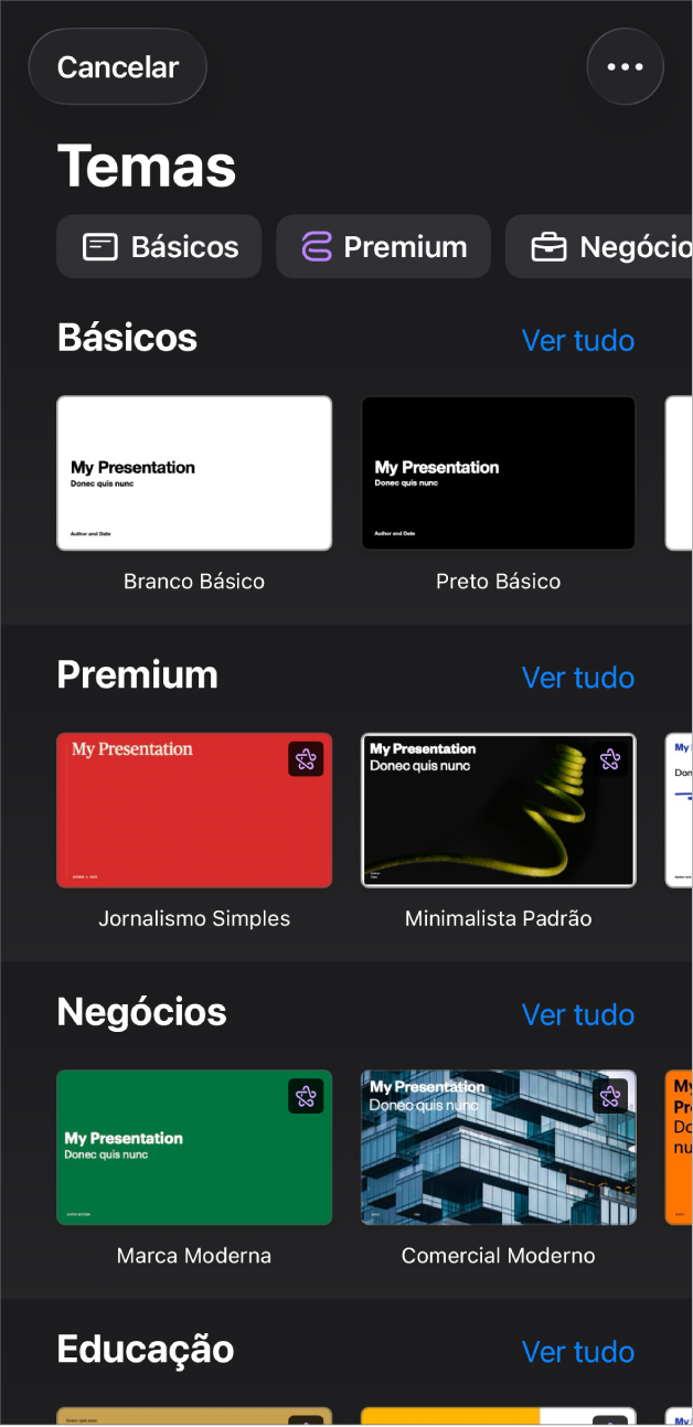 Seletor de temas, mostrando uma linha de categorias na parte superior na qual você pode tocar para filtrar as opções. Abaixo estão miniaturas de temas predefinidos organizados em linhas por categoria.