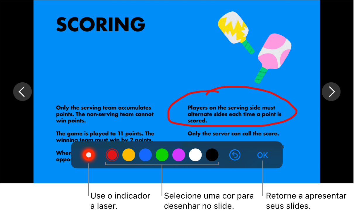 Um slide no modo de ilustração de slide exibindo o cursor laser e controles de seleção de cor.
