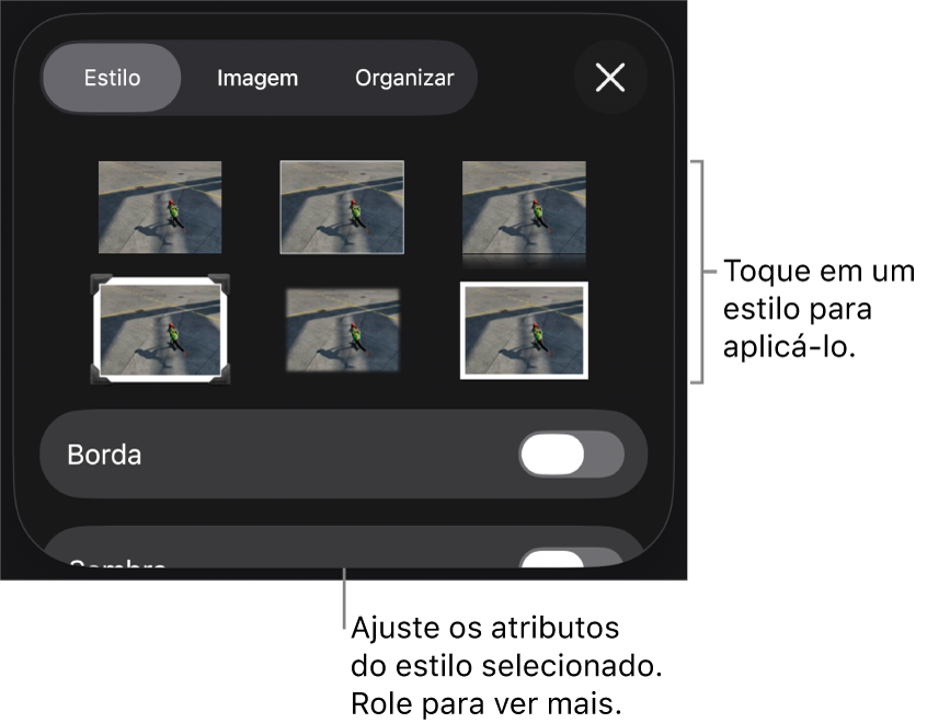 A aba Estilo do menu Formatar, com estilos de objetos na parte superior e um controle abaixo para alterar a borda.