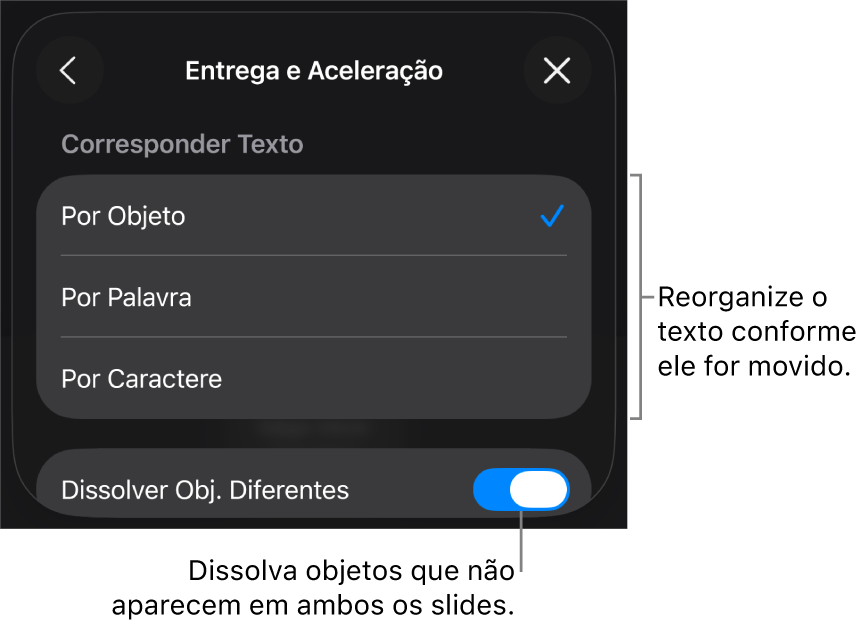 Opções de entrega e aceleração do Movimento Mágico no painel Aceleração.