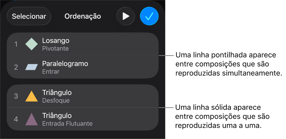 Menu “Ordem de Composição”, com uma linha pontilhada aparecendo entre composições reproduzidas simultaneamente e uma linha sólida entre composições reproduzidas uma a uma.