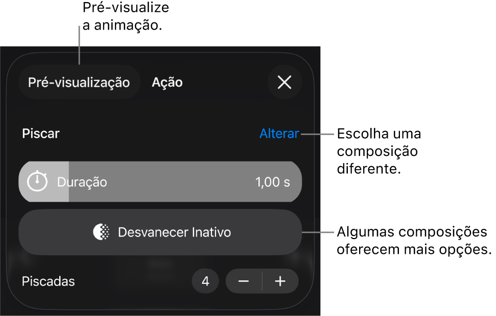 Entre as opções de composição estão Duração e tempo de Início. Toque em Alteração para escolher uma composição diferente ou toque em Pré-visualizar para pré-visualizá-la.