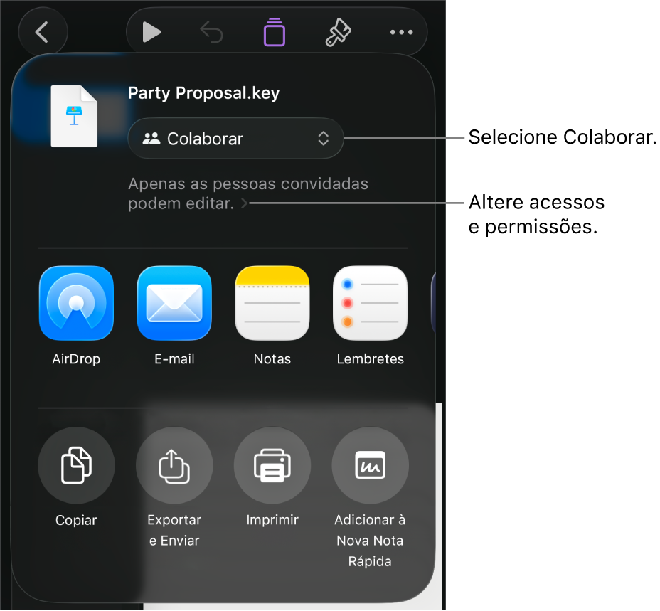 Menu Compartilhar com Colaborar selecionado na parte superior e os ajustes de acesso e permissão abaixo.