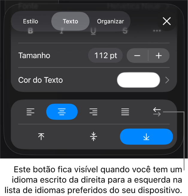 Controles de texto no menu Formatar com uma chamada para o botão da Direita para a Esquerda.