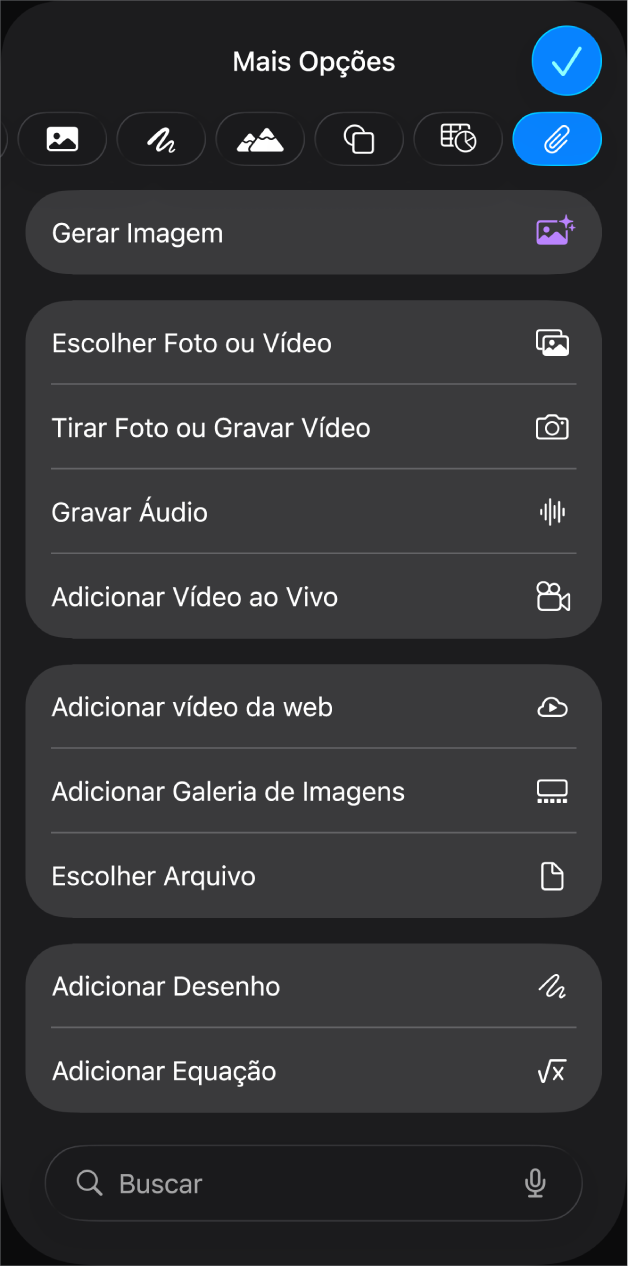 O menu Mídia mostrando botões para adicionar e gravar vários objetos de mídia.
