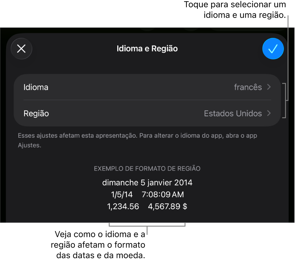 Painel de Idioma e Região com controles para idioma e região e um exemplo de formatação, incluindo data, hora, decimal e moeda.
