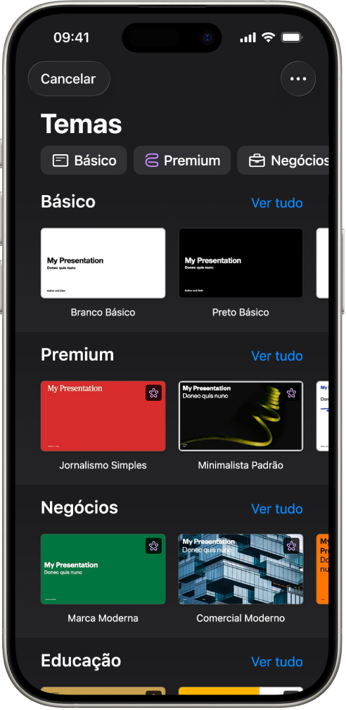 &nbsp;Seletor de temas, mostrando uma linha de categorias na parte superior na qual você pode tocar para filtrar as opções. Abaixo estão miniaturas de temas predefinidos organizados em linhas por categoria.